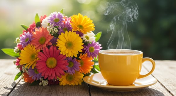 Bom dia com cafe e flores